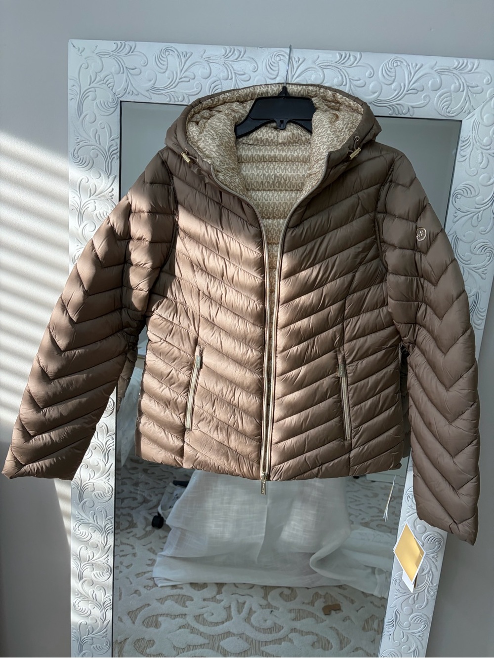 Michael Kors Quilted Hooded Puffer Jacket in Taupe